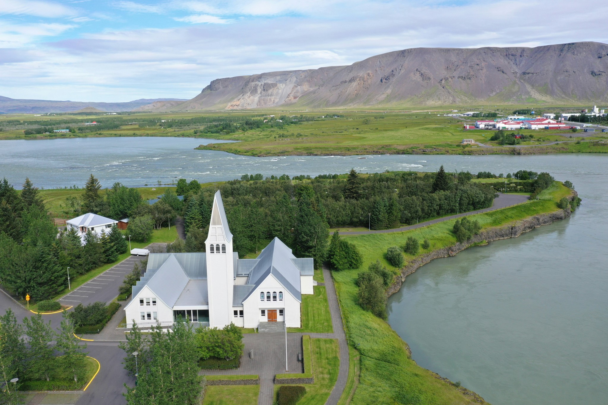 A church by a river in Selfoss, South Iceland.