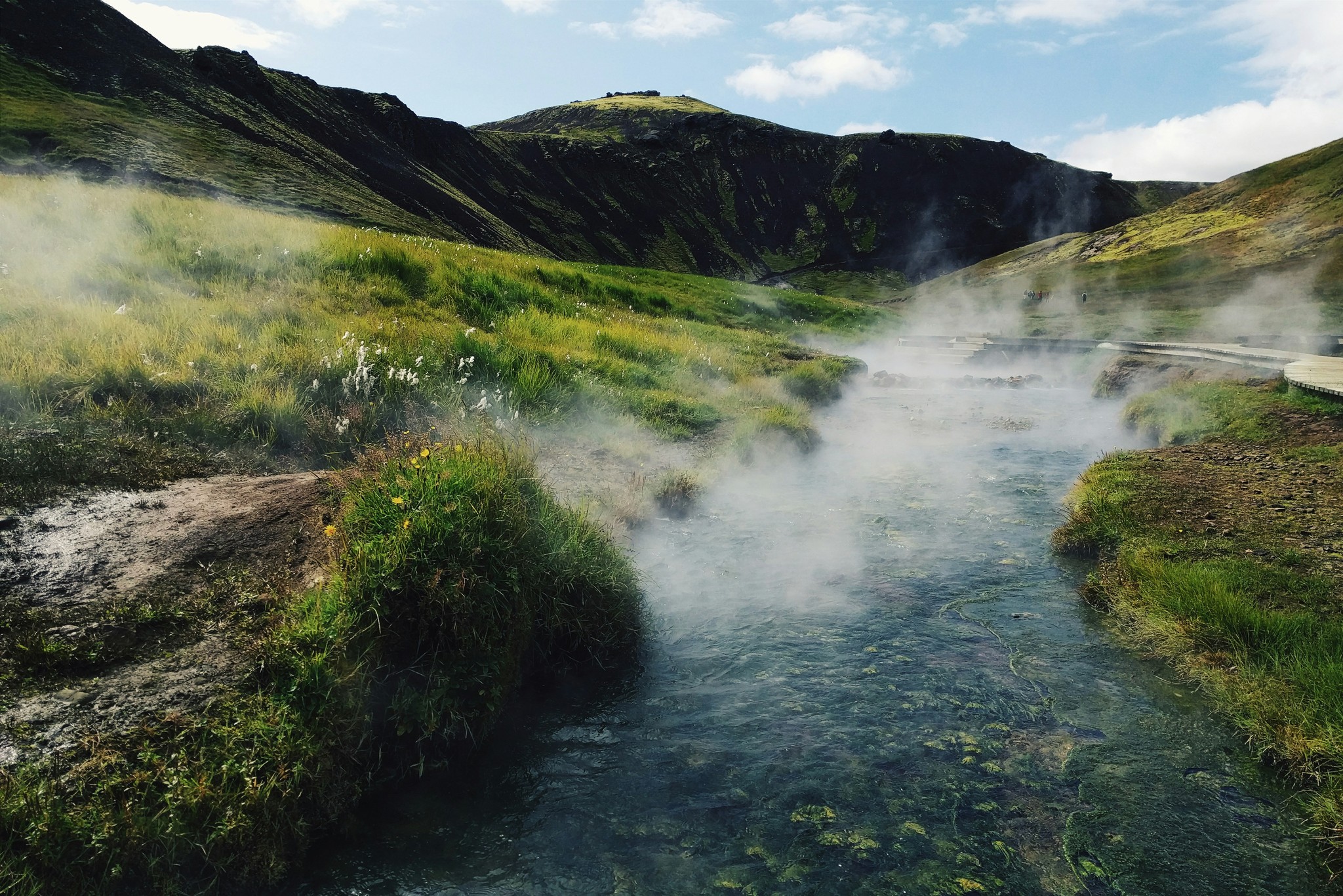 Steam rising from the Reykjadalur Hot Spring River, South Iceland.